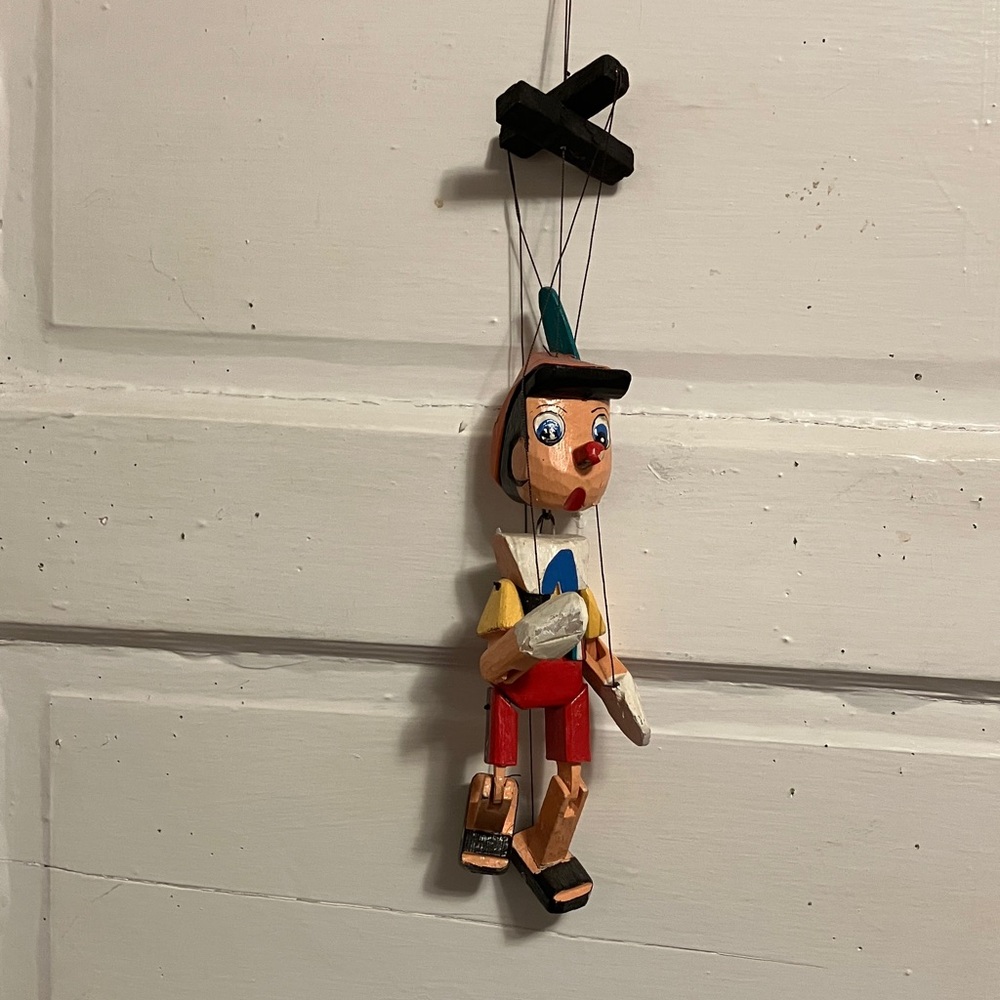Great find !!  Vintage , hand carved n painted 10” wooden Pinocchio puppet